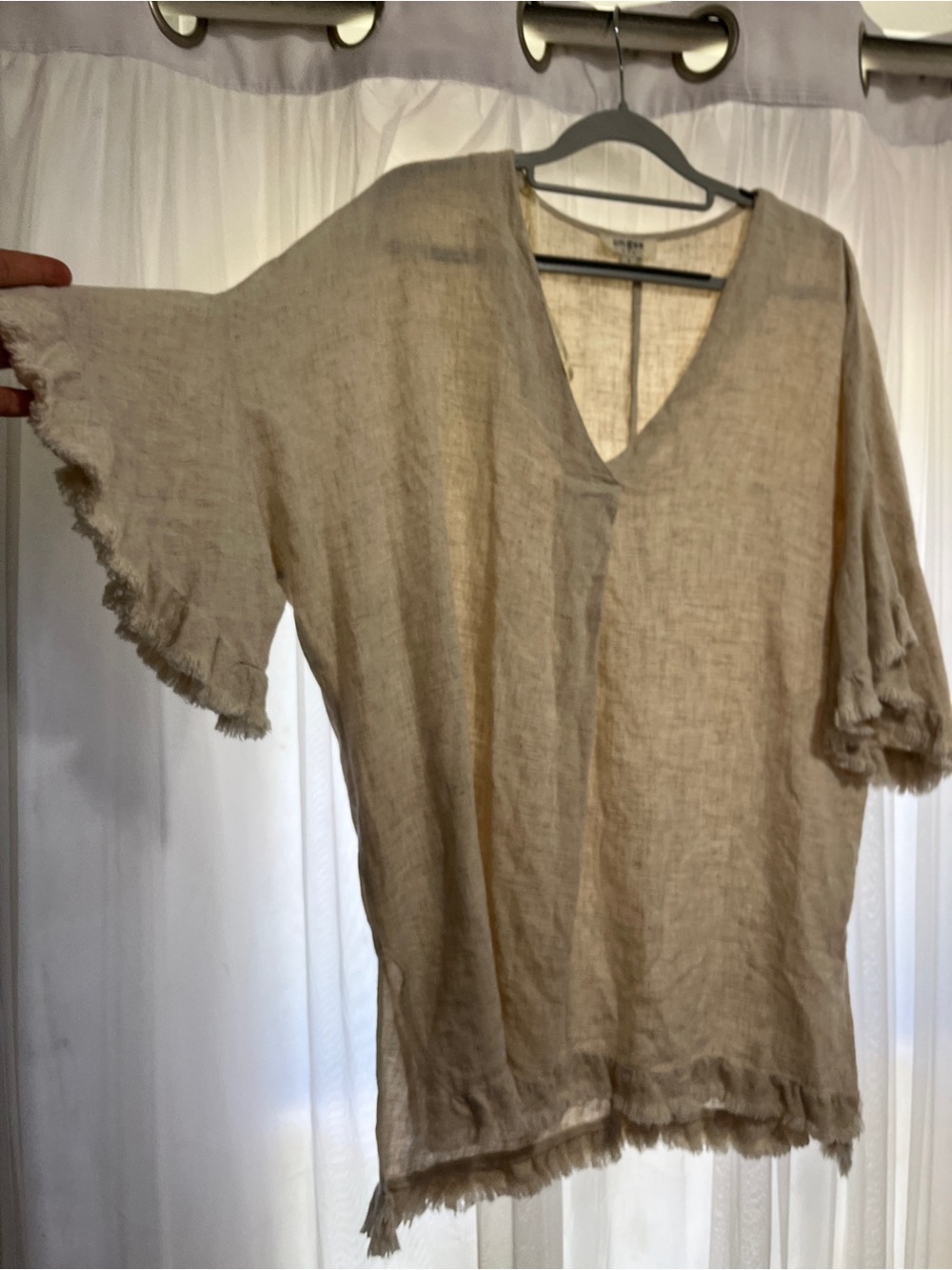 Umgee Beige V-Neck Linen Tunic cream Frayed Trim cotton linen natural medium